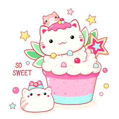 Cute cat-shaped dessert in kawaii style. Cake, muffin and cupcake with whipped cream and berry. Inscription So sweet. Can be used for t-shirt print, sticker, greeting card. Vector illustration EPS8