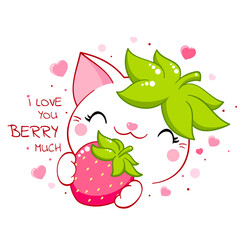 Cute cat with strawberry. Inscription I love you berry much. Kawaii little kitty and ripe red berry. Happy summer time card. Vector illustration EPS8