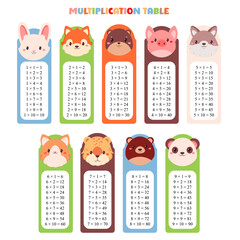 Multiplication table set. Collection of printable bookmarks or stickers with cute cartoon animals - dog, bear, leopard, cat, wolf, fox, panda, beaver, pig, rabbit. Vector illustration EPS8