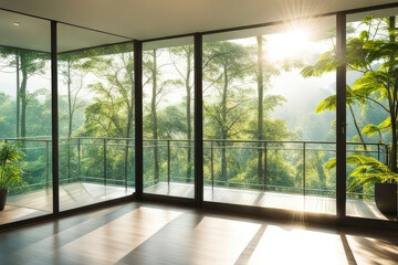 Empty glass room corner with morning sunlight, balcony and trees garden view, cozy and restful room interior concept