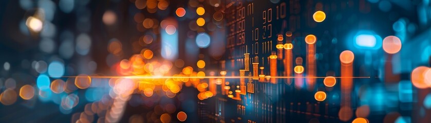 Abstract financial graph with glowing candlestick chart and bokeh background, representing market analysis and stock trading trends.