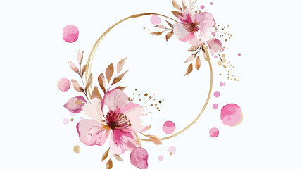 Watercolor pink floral wreath with gold circles for w