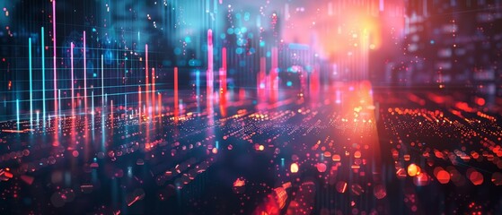 Obraz premium Futuristic digital landscape with neon lights and abstract patterns. High-tech, innovation, and modern design concept.