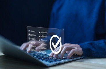 checklist concept, detail business verify task, tick mark evaluation in options check form online,...