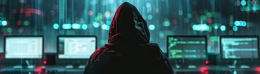 Obraz premium Hacker in a dark room with multiple screens displaying code and data, symbolizing cybersecurity threats and hacking activities.