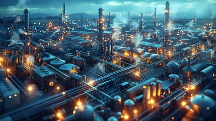 Fototapeta premium A cluster of factories that appear thriving and full of vitality, with a blue hue, translucent fluorescent, Glow particle, Optical Flares, clear background. Drone view. Generative AI.