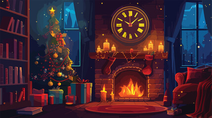 Big clock glowing candles books and Christmas tree 