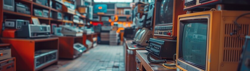 Obraz premium Vintage electronics store filled with retro televisions, radios, and gadgets, creating a nostalgic atmosphere reminiscent of the past.