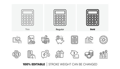 Budget accounting, Decreasing graph and Calculator line icons. Pack of Report, Discount coupon, Sale gift icon. Stress, Bitcoin exchange, Bitcoin coin pictogram. Graph chart. Line icons. Vector