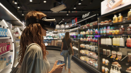 Fototapeta premium Virtual reality in the shopping experience, introducing customers to realistic environments where they can browse and interact with products in a virtual store.