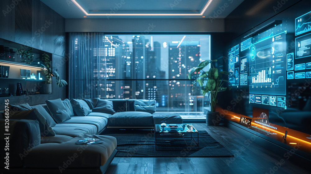 Poster a futuristic smart home entryway with ai-augmented reality interfaces for security and home manageme