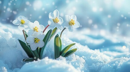 Early spring flowers breaking through snow, symbolizing resilience, classical botanical illustration style