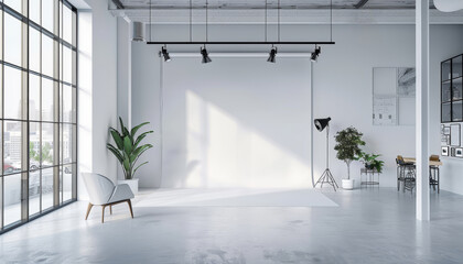 A large, empty room with a white wall and a white chair by AI generated image