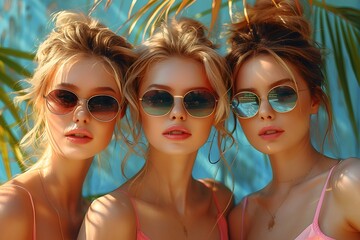 Summer Fashion Outdoor Portrait Three Young Women Sunglasses Tropical Vibe Style Design for Print, Card, Poster
