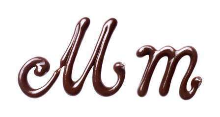 Large and small Letter M of the Latin alphabet made of melted chocolate, isolated on a white background