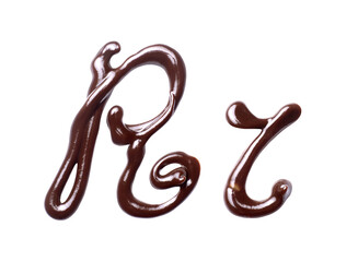Large and small Letter R of the Latin alphabet made of melted chocolate, isolated on a white...