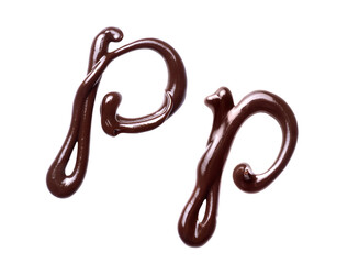 Large and small Letter P of the Latin alphabet made of melted chocolate, isolated on a white background