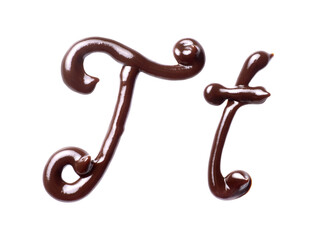 Large and small Letter T of the Latin alphabet made of melted chocolate, isolated on a white background