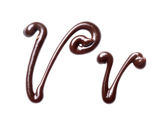 Large and small Letter V of the Latin alphabet made of melted chocolate, isolated on a white...