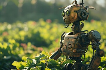 Robots farming, robot herbicide sprayers working in agricultural field concept, AI generated