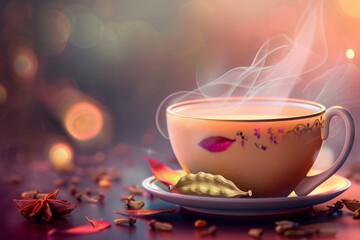 A photorealistic image of a steaming cup of Indian tea on a window sill overlooking a bustling Indian marketplace, capturing the sights and smells of the scene.