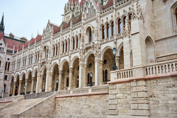Hungarian Parliament. Famous landmark in Budapest. Detailed view of historical building
