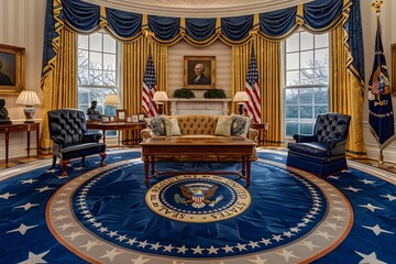 Iconic Oval Office with Digitally Rendered Presidential Seal,Capturing the Grandeur and Symbolism of American Leadership