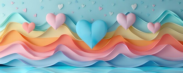 Colorful abstract paper art with layered waves and heart shapes in pastel tones. Perfect for romantic or creative designs.