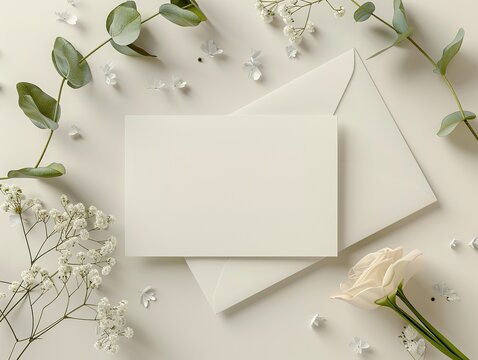 Blank white card and envelope surrounded by delicate flowers and leaves on a light background, perfect for invitations or greetings.