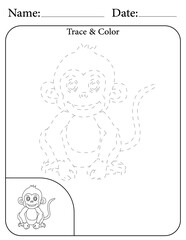 Monkey Printable Activity Page for Kids. Educational Resources for School for Kids. Kids Activity Worksheet. Trace and Color the Shape