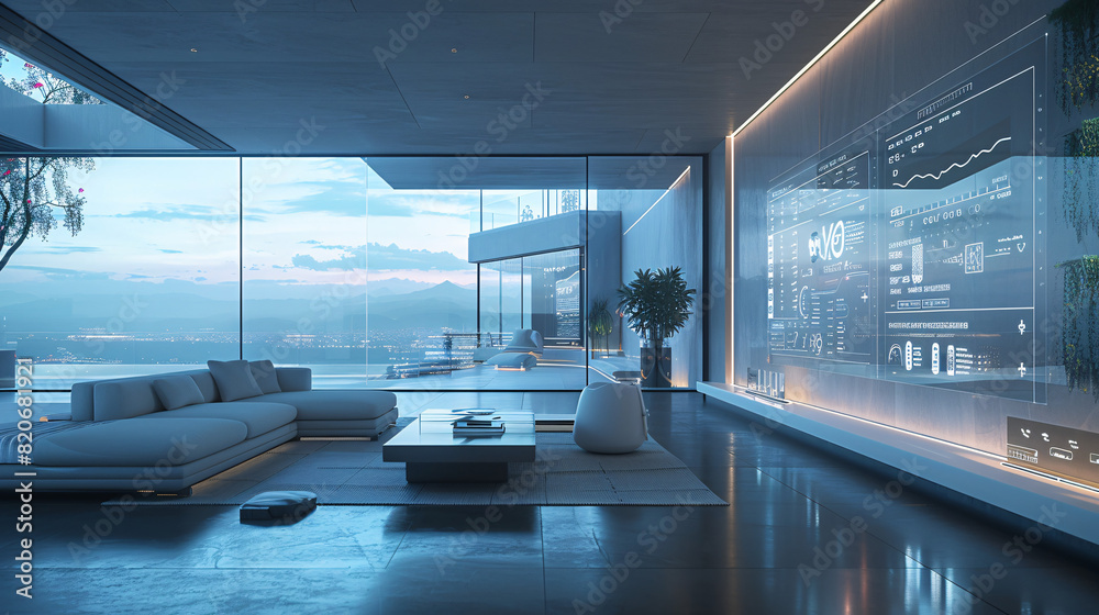 Poster a futuristic smart home entryway with ai-augmented reality interfaces for security and home manageme