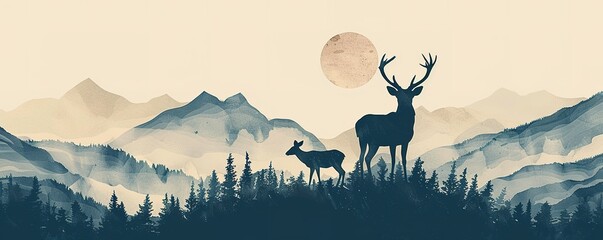 Serene landscape with silhouettes of a stag and a fawn against misty mountain ranges and a full moon in the background.