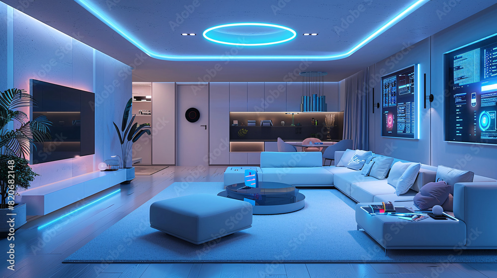 Poster a futuristic smart home entryway with ai-augmented reality interfaces for security and home manageme