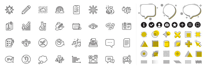 Set of Pencil, Framework and Accounting line icons for web app. Design elements, Social media icons. Document, Digestion, Map icons. Quiz test, Teamwork, Lgbt signs. Vector