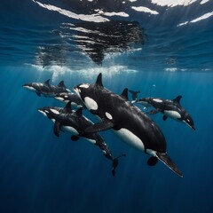 A pod of orcas swimming gracefully in the deep blue sea.

