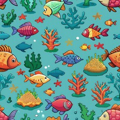 Naklejka premium Seamless pattern of pixelated underwater scenes with fish, coral, and seaweed, perfect for wrapping gifts for ocean lovers, Generative AI