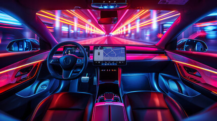 Vibrant interior of an electric car with a holographic touchscreen and neon lighting, showcasing the futuristic design of a self-driving vehicle. Generative AI.