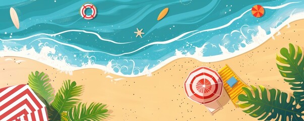 Summer holiday flat design top view beach theme cartoon drawing vivid