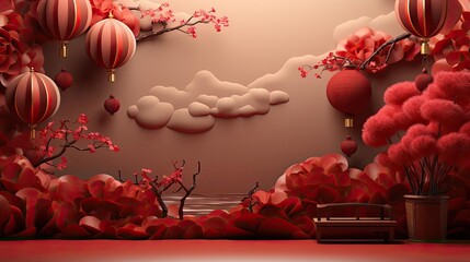 front view of Chinese new year banner with flowers ornaments and red background