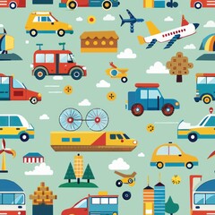 Seamless pattern of pixelated vehicles like cars, bicycles, and airplanes, perfect for wrapping gifts for transportation enthusiasts, Generative AI
