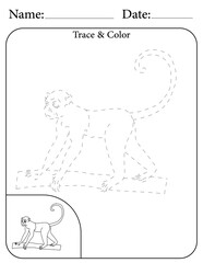 Monkey Printable Activity Page for Kids. Educational Resources for School for Kids. Kids Activity Worksheet. Trace and Color the Shape