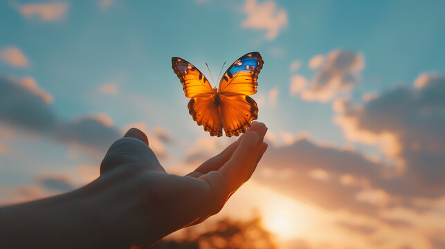 Fototapeta A hand releasing a butterfly into the sky, symbolizing freedom, environmental care, and the impact of reducing carbon emissions on World Earth Day