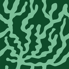 Abstract seamless sea pattern. Coral branches in contemporary minimalistic print. Marine theme. Vector graphics. Green colors.