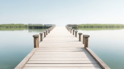 Obraz premium A wooden pier stretches out over a calm lake under a clear sky