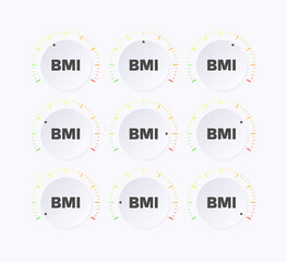BMI speedometer icons set. Flat Style. Vector icons