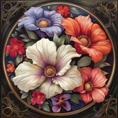 Elegant floral arrangement in Art Nouveau style with vibrant colors