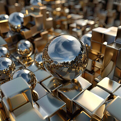 3D silver balls on a background of 3D gold cubes. Creative, geometric design of interior, facade, exhibition space for presentations, sales. Business idea for decorating a building or studio. Modern, 