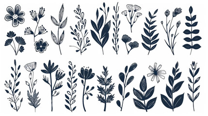 Botanical doodle background art vector set with various flowers and leaves