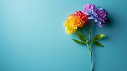 Colorful paper flowers on a blue background,pride month concept,copy space,web banner.