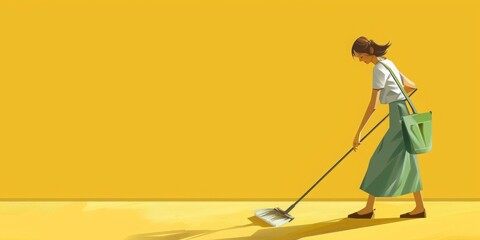 a woman sweeping with yellow background